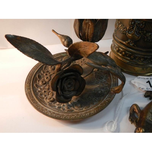 17 - An interesting collection of old brass and bronze items including string box, chamber candlestick, ;... 