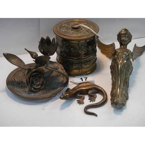 17 - An interesting collection of old brass and bronze items including string box, chamber candlestick, ;... 