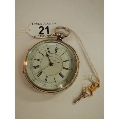 21 - A large silver second chronograph pocket watch, in working order and complete.