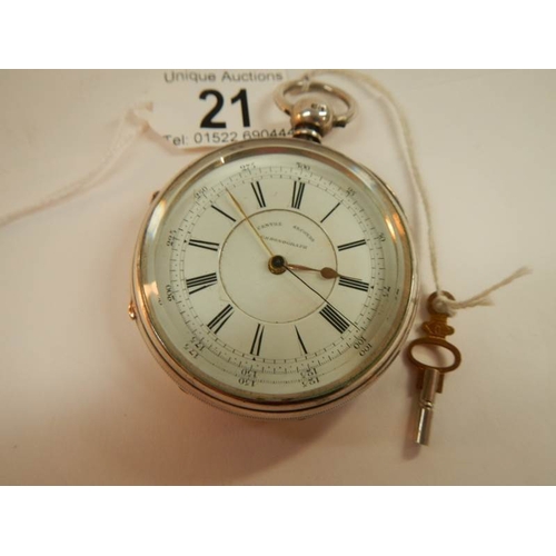 21 - A large silver second chronograph pocket watch, in working order and complete.