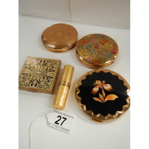 27 - 4 good quality powder compacts including Stratton and a lipstick holder.