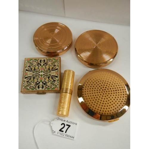 27 - 4 good quality powder compacts including Stratton and a lipstick holder.