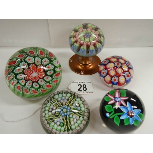 28 - 5 millifiore paperweights including one incorporated in to a door handle.