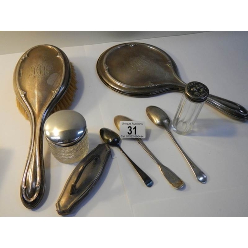 31 - A silver dressing table set and 3 silver spoons (8 items in total).