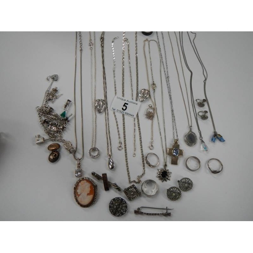 5 - A mixed lot of jewellery including silver necklaces, dress rings, earrings etc.,