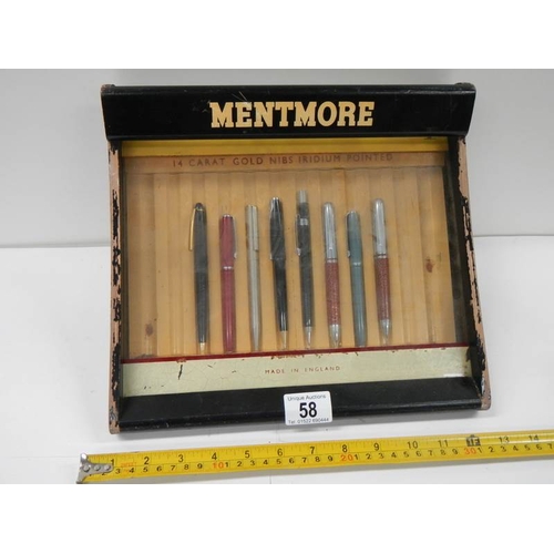 58 - A Mentmore fountain pen display case with some pens, back drops down, 12'' wide.