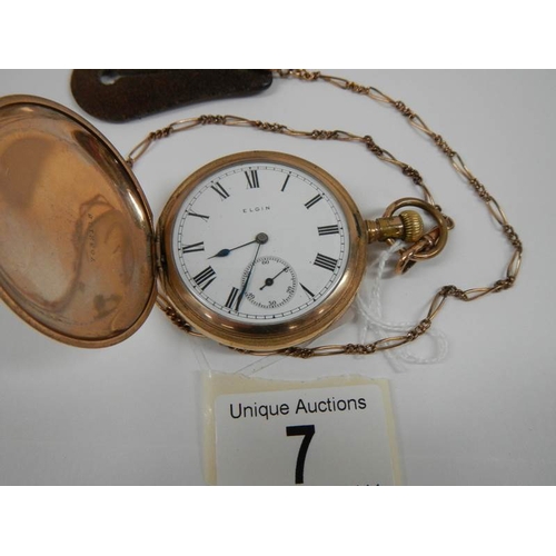 7 - An Elgin full hunter pocket watch on chain marked Keystone watch case 7632118.