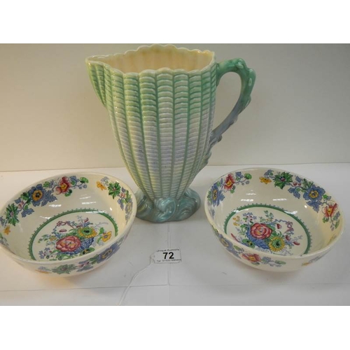 72 - A 9.5'' tall Sylvac jug and 2 Mason's bowls, in good condition.