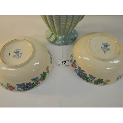 72 - A 9.5'' tall Sylvac jug and 2 Mason's bowls, in good condition.