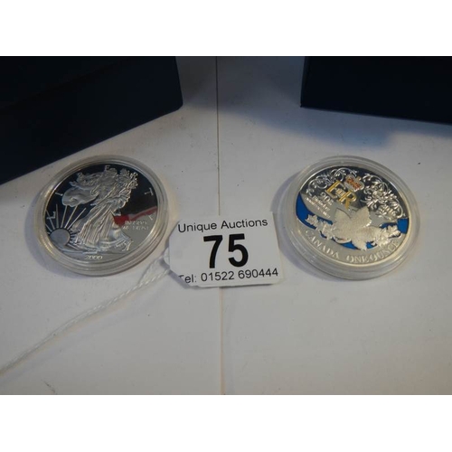 75 - A Canadian silver plated coin, An American silver dollar and 2 Diamond Jubilee silver anniversary co... 