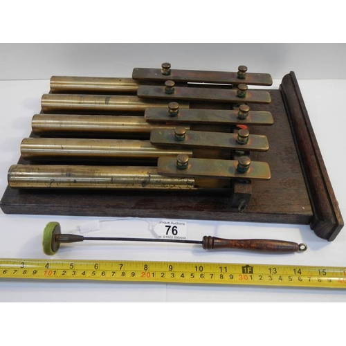 76 - An unusual brass 5 key xylophone with brass bell tubes, complete with hammer and in good working ord... 