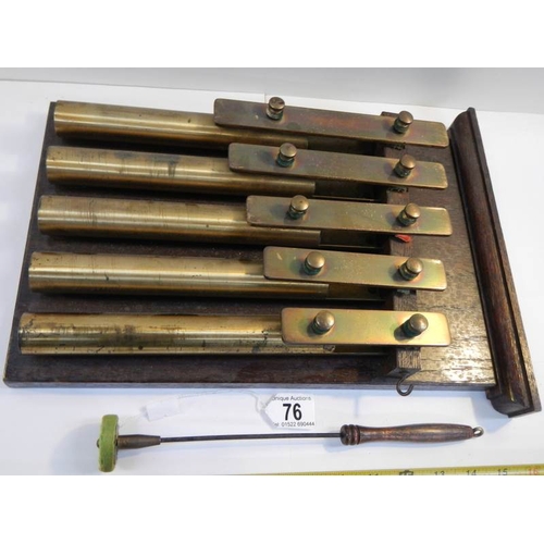 76 - An unusual brass 5 key xylophone with brass bell tubes, complete with hammer and in good working ord... 