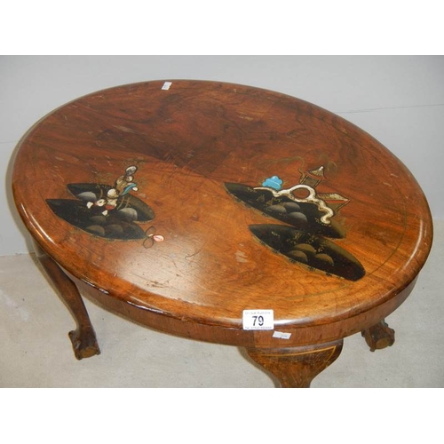 79 - A small oval mahogany table with lacquered pictures, on ball and claw feet, in fair condition.