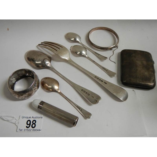 98 - A mixed lot of silver items including cigarette case, approximately 210 grams.