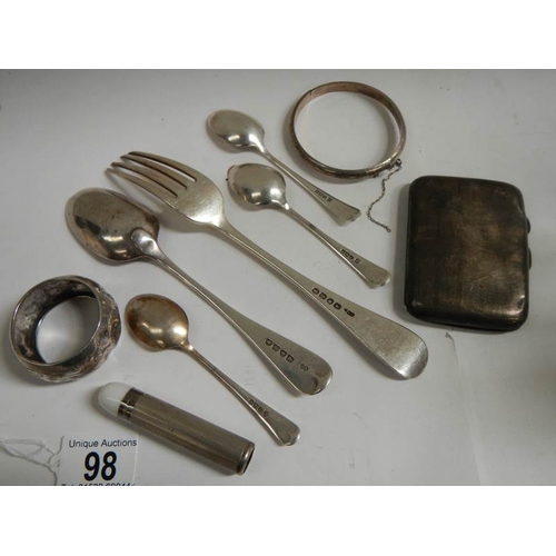 98 - A mixed lot of silver items including cigarette case, approximately 210 grams.