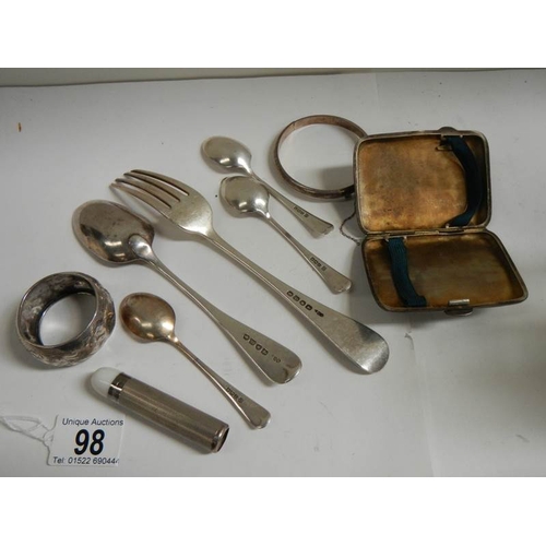 98 - A mixed lot of silver items including cigarette case, approximately 210 grams.