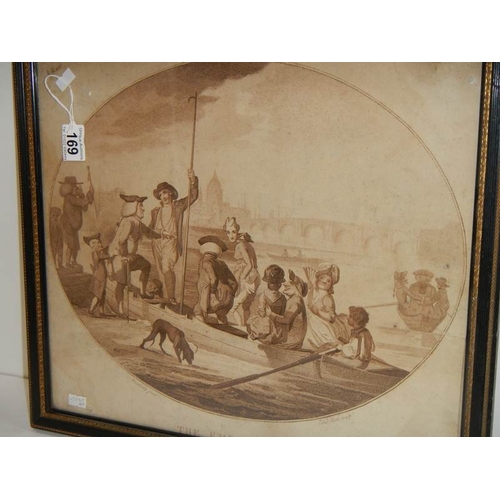 169 - An old engraving of the embankment being checked by costumers, 19'' x 17''