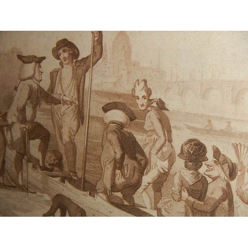 169 - An old engraving of the embankment being checked by costumers, 19'' x 17''