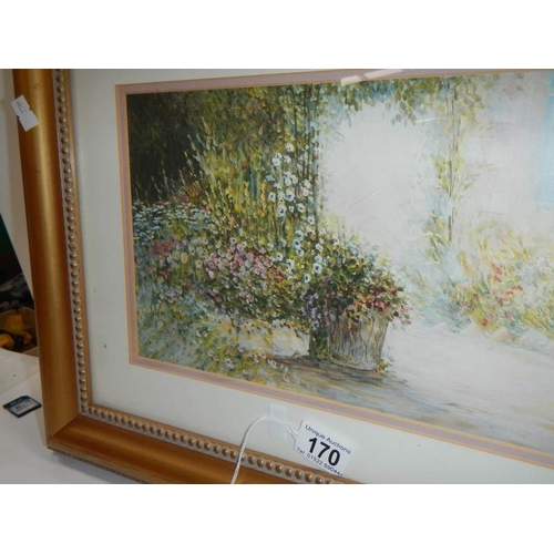 170 - A mid 20th century gilt framed and glazed watercolour of a garden, signed Scoir's, 27'' x 15''