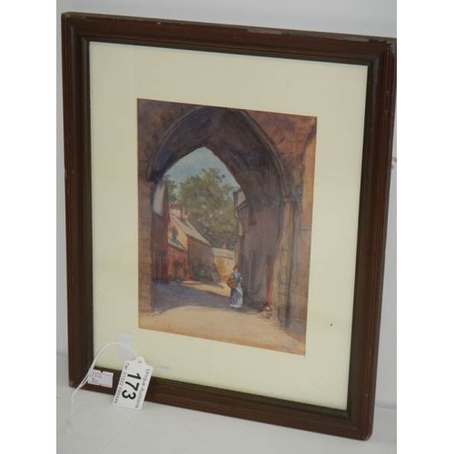 173 - A small signed watercolour of a lady under arch, 9.5'' x 11.5''