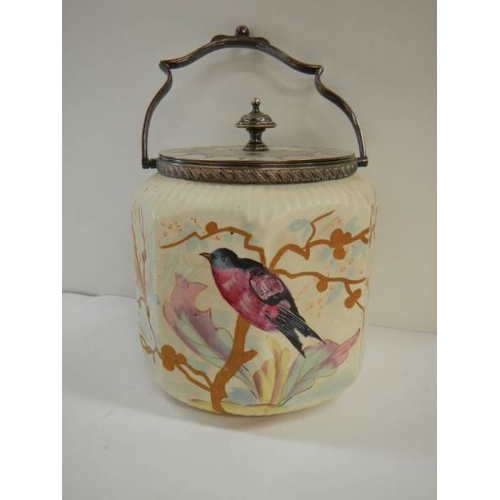 182 - A late Victorian biscuit barrel hand painted with birds and with plated lid and handle.