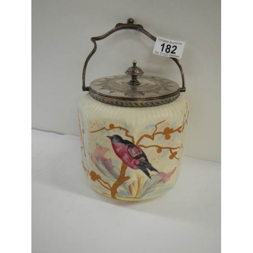 182 - A late Victorian biscuit barrel hand painted with birds and with plated lid and handle.