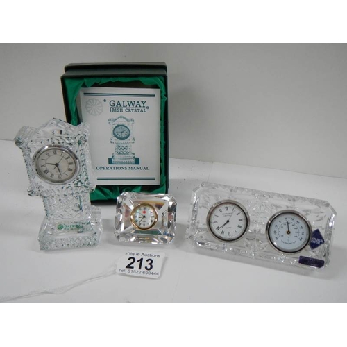 213 - 3 good collector's glass clocks, Galway, Edinburgh crystal etc.,