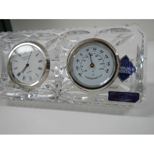 213 - 3 good collector's glass clocks, Galway, Edinburgh crystal etc.,