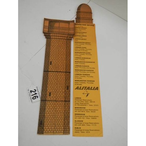 216 - A vintage Alitalia advertising card with pull out.