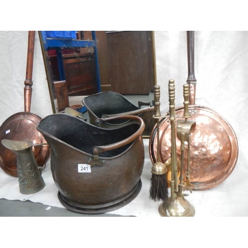 241 - A mixed lot of old brassware including coal scuttle, 2 warmingpans, mirror, fire screen etc.,