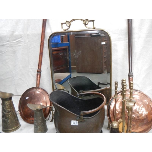 241 - A mixed lot of old brassware including coal scuttle, 2 warmingpans, mirror, fire screen etc.,