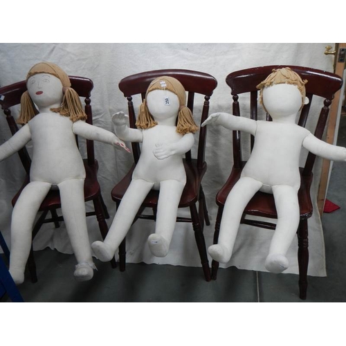 250 - 3 cloth mannikin dolls, 32'' - 41'' tall, in good condition apart from one foot needs repair.