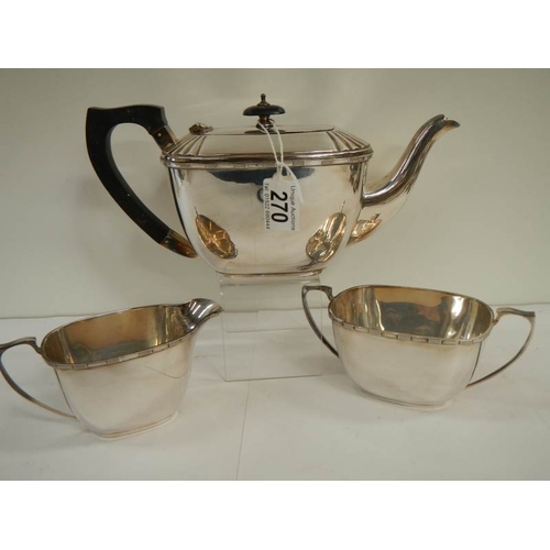 270 - A good 3 piece silver plate tea set. In good condition.