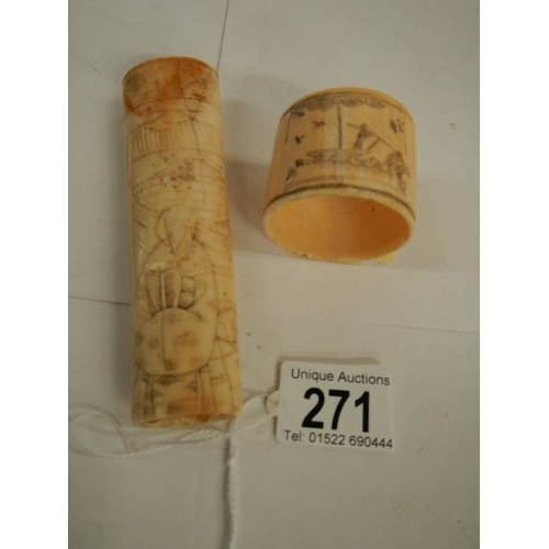 271 - 2 Victorian carved bone items featuring Chinese figures.