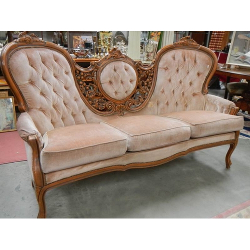 290 - A super triple back mahogany framed sofa, frame in good condition, upholstery has small tear in back... 