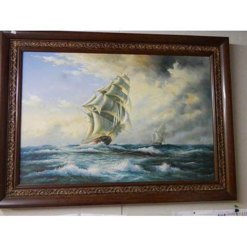 295 - A large oil painting of sailing ships on canvas, 31'' x 43''