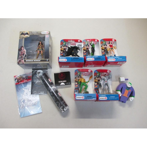 650 - A collection DC superhero toys and ephemera including boxed Schleich Justice League figures, Wonder ... 