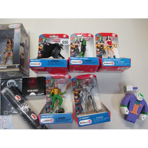 650 - A collection DC superhero toys and ephemera including boxed Schleich Justice League figures, Wonder ... 