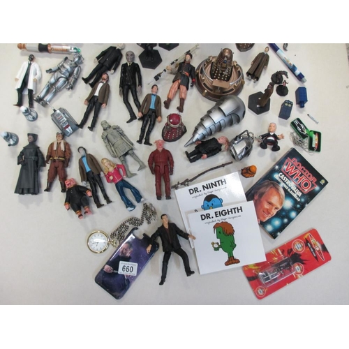 660 - An excllent collection of Doctor Who ralated toys, actions figures, books and collectables etc