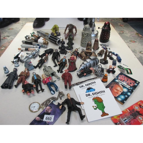 660 - An excllent collection of Doctor Who ralated toys, actions figures, books and collectables etc