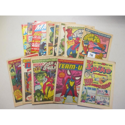 730 - A collection of British comics including Marvel Team-up, Spider-man and Hulk weekly, Hulk Comic, Spi... 