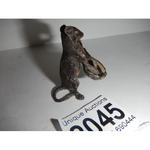 2045 - An early Victorian bronze figure of standing mouse playing a banjo 1.5 inches