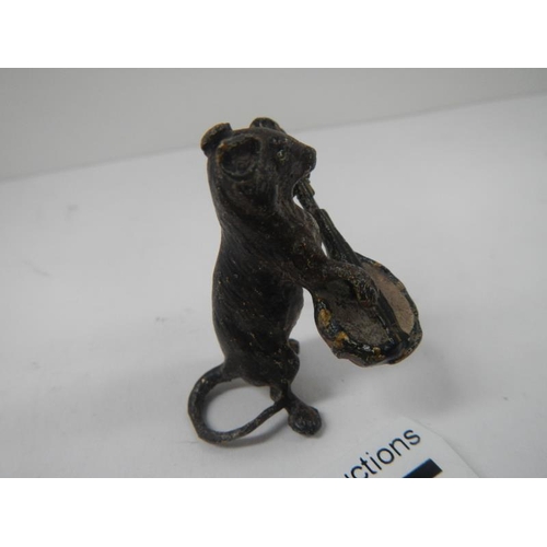 2045 - An early Victorian bronze figure of standing mouse playing a banjo 1.5 inches