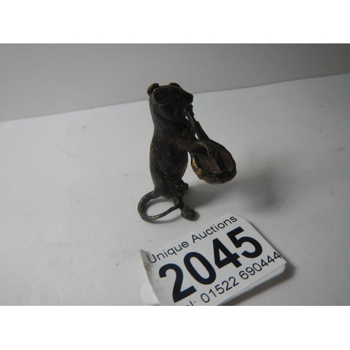 2045 - An early Victorian bronze figure of standing mouse playing a banjo 1.5 inches