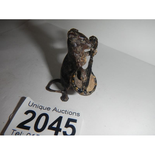 2045 - An early Victorian bronze figure of standing mouse playing a banjo 1.5 inches