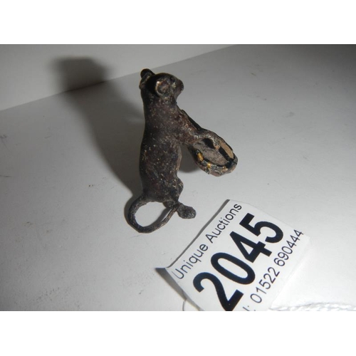 2045 - An early Victorian bronze figure of standing mouse playing a banjo 1.5 inches