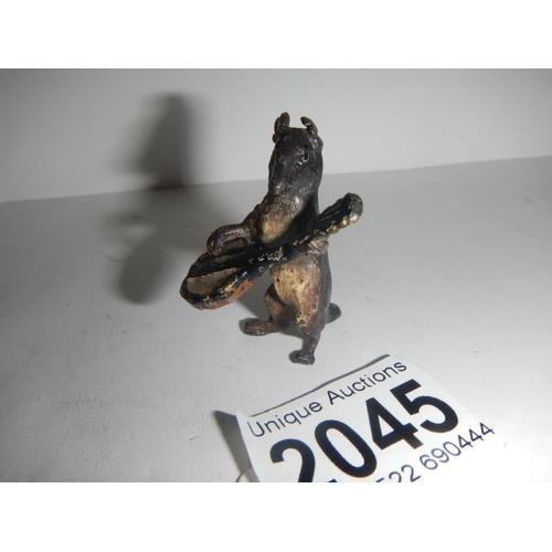 2045 - An early Victorian bronze figure of standing mouse playing a banjo 1.5 inches