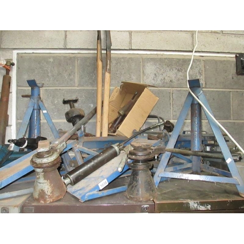 1038 - 2 quality jacking car ramps, axle stands and four jacks and a selection of grease guns