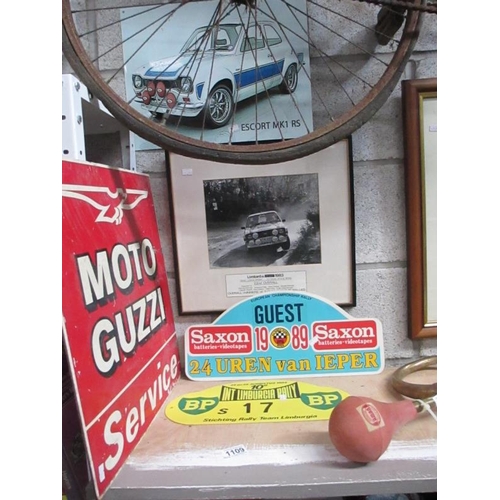 1109 - 2 1980s Rally Plaques, a metal RS Escort MK1 sign, 1983 Lombard Rally picture and a MOTO Guzzi servi... 