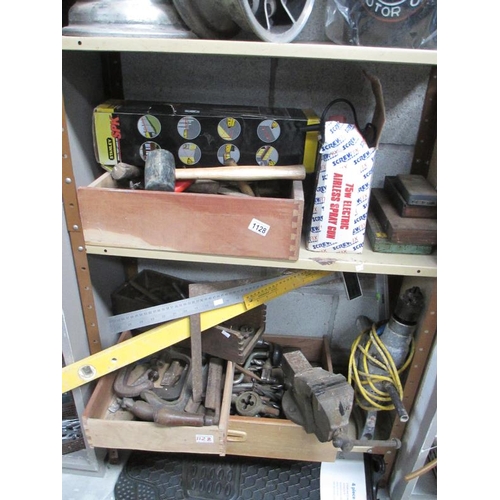 1128 - A good large selection of drill bits, G-Clamps, hammers, a breaker drill, vice, spray gun etc